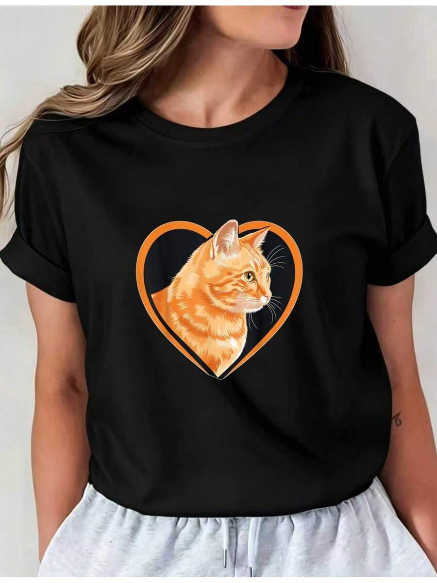 Women's Printed T-Shirt - Casual Short Sleeve Crew Neck T-Shirt In Black With Orange Tabby Cat Heart Graphic. Relaxed Fit For All Seasons, Perfect For Everyday Wear And Holiday Outfits (Machine Washable). - 黑色 - 查看 1