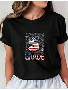 Camiseta Deportiva Casual para Mujer en Negro con Colorido Diseño de 5to Grado - Camiseta Elástica de Cuello Redondo, Lavable aáquina, Ajuste Cómodo y Apta para Todas las Estaciones, para Combinar con Pantalones de Sudadera Grises. - Negro - Ver 6