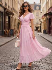 Vestido midi con mangas con volantes de estilo francés vintage, cintura ceñida, elegante y romántico de gasa ligera para mujeres - Rosa - Ver 5