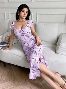 Vestido ajustado con estampado floral casual para mujeres, vestidos casuales para cumpleaños, ropa de mujer, vestidos de verano para el trabajo, vestido de graduación, vestidos elegantes para mujeres - Gris - Ver 6