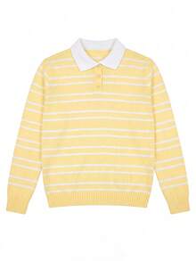 Senya Women's Elegant Yellow Striped Polo Sweater, Soft Knit Drop Shoulder Long Sleeve Pullover, Fashion Half-Placket Button Knit Top - Yellow - View 7