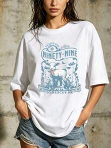 Women's Casual Blouse, Simple Style, Daily Wear, 180g, Soft Printed T-Shirt "He Left 99 To Save Me" -- A Perfect Gift For Friends And Family, A Stylish Short-Sleeved Round-Neck T-Shirt, Suitable For Spring And Summer Celebrations, And Also An Ideal Choice For Corporate Events And Team Building. - 白色 - 查看 7