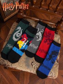 Noctvar OBM Sleepwear X Harry Potter 5双哈利波特学院徽章中筒袜，格兰芬多、斯莱特林、拉文克劳、赫奇帕奇主题粉丝周边，可爱卡通图案，时尚休闲舒适透气学生袜，适合日常穿着、返校季、节日礼物 - 彩色 - 查看 1
