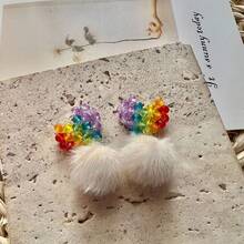 Handmade Beaded Rainbow Heart Earrings, White Pom Pom Decor Clip On Ear Ornaments, Lovely Delicate Crafted Ear Accessories, Perfect For Daily Leisure Dating Friend Parties Themed Gatherings, Nice Gift For Mom And Female Companions, Halloween Thanksgiving Christmas New Year Holiday Gift Option, Ready To Ship Ships Fast - 13A-01811-1 - Xem 3