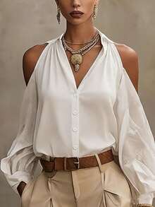 Women's Solid Color Cold Shoulder Blouse, Suitable For Daily Commute And Office Wear, Summer New Arrival White - White - View 4