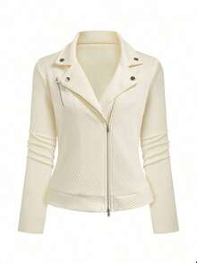 Chaqueta de motorista informal con cuello alto, textura y cierre de cremallera - Albaricoque - Ver 5