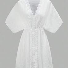 Women's V-Neck Lace Splice Solid Color Beach Cover-Up Dress Summer - Naranja - Ver 6