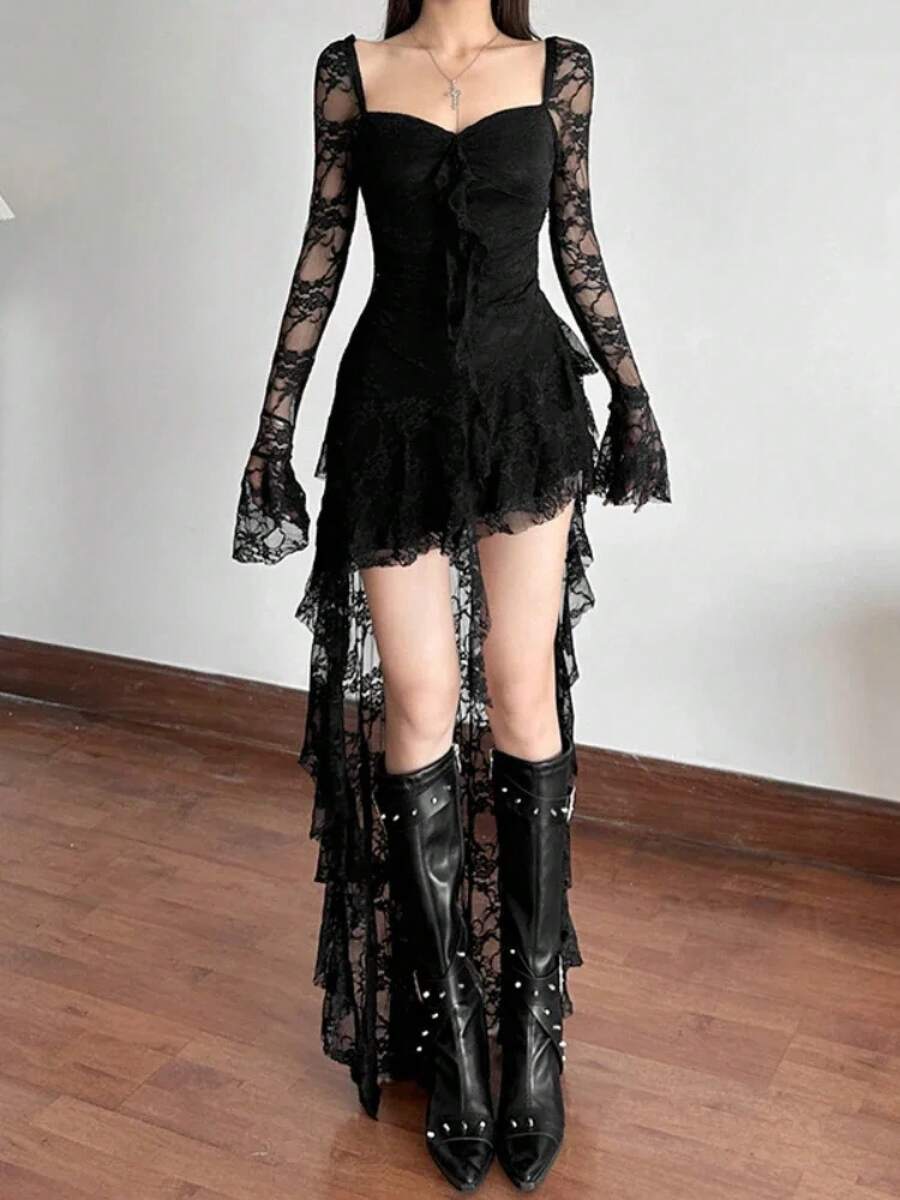 AltGoth Mall Goth Fairycore Dress Women Vintage Aesthetic Elegant Sweet Sexy See Through Irregular Hem High Waist Corset Dress Sheer Lace Up Back Floral Print Adjustable Bodice Ruffle Tiered Midi Length - 黑色 - 查看 1