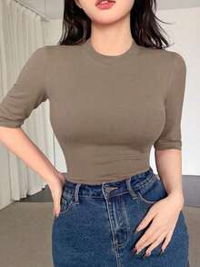 Blusa casual de mujer de cuello redondo, manga corta, silueta ajustada, para uso diario - Caqui - Ver 7