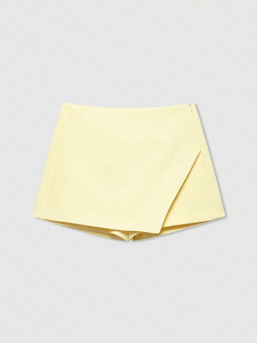 Falda-shorts envolvente asimétrica de color amarillo mantequilla de verano informal - Amarillo - Ver 1