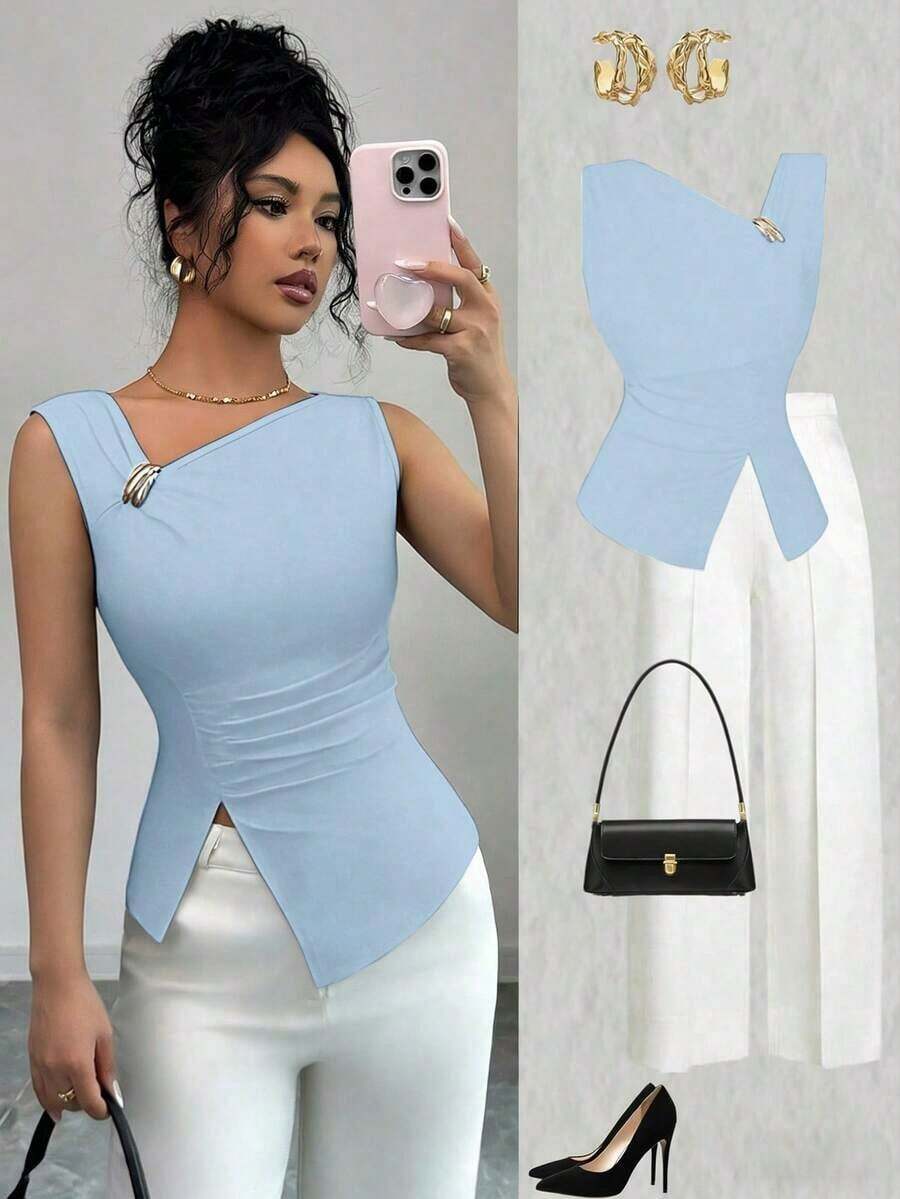 Elenzya Camiseta de mujer de unicolor con decoración metálica y cuello asimétrico - Azul - Ver 1