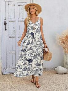 Vestido casual largo de punto elástico para mujer, cómodo y de moda para primavera/verano, vacaciones, adecuado para verano, vacaciones, con estampado vintage de flores, hojas y tropical - Multicolor 4 - Ver 6