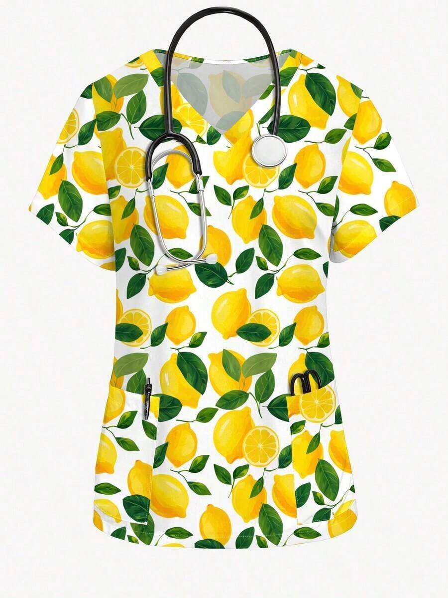 Top de pijama de enfermera con estampado de perros afgano, caniche, doberman, dálmata, escote en V, manga corta con bolsillos y aberturas laterales, camisa de uniforme de moda para mujeres, ropa para amantes de las mascotas - Multicolor 3 - Ver 1