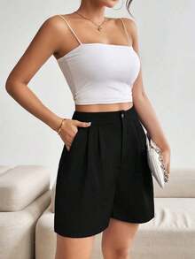 Shorts de verano informales para mujer, sólidos y con pliegues - Negro - Ver 3