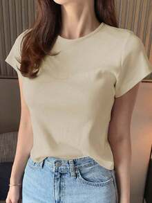 Camiseta de manga corta de mujer de cuello redondo de unicolor básica blanca, para primavera/verano, estilo casual empresarial - Albaricoque - Ver 7