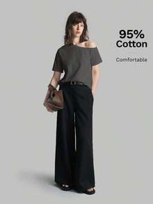 Camiseta de mujer de manga corta y hombro asimétrico, primavera/verano 2026.Camiseta casual urbana elegante con cuello asimétrico, adecuada para oficina, maestros, invitados de boda, vacaciones, casual de negocios, versátil - Gris Oscuro - Ver 1
