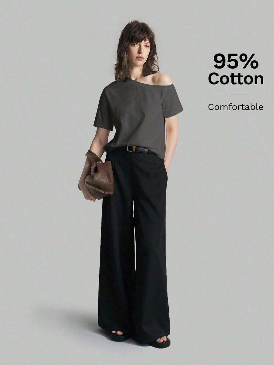 Camiseta de mujer de manga corta y hombro asimétrico, primavera/verano 2026.Camiseta casual urbana elegante con cuello asimétrico, adecuada para oficina, maestros, invitados de boda, vacaciones, casual de negocios, versátil - Gris Oscuro - Ver 1