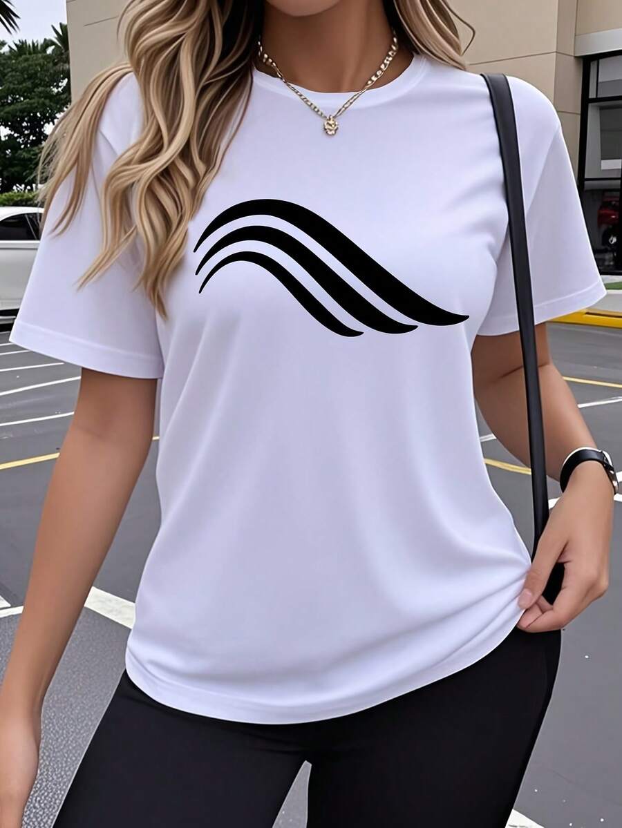 Minimalist Short-Sleeved T-Shirt With A Wave Print, Suitable For Everyday Wear, Sports, Casual Use, And Various Occasions. The Relaxed Fit Flatters Body Shape And Suits All Body Types. Soft, Comfortable Against The Skin, And Breathable. - trắng - Xem 1