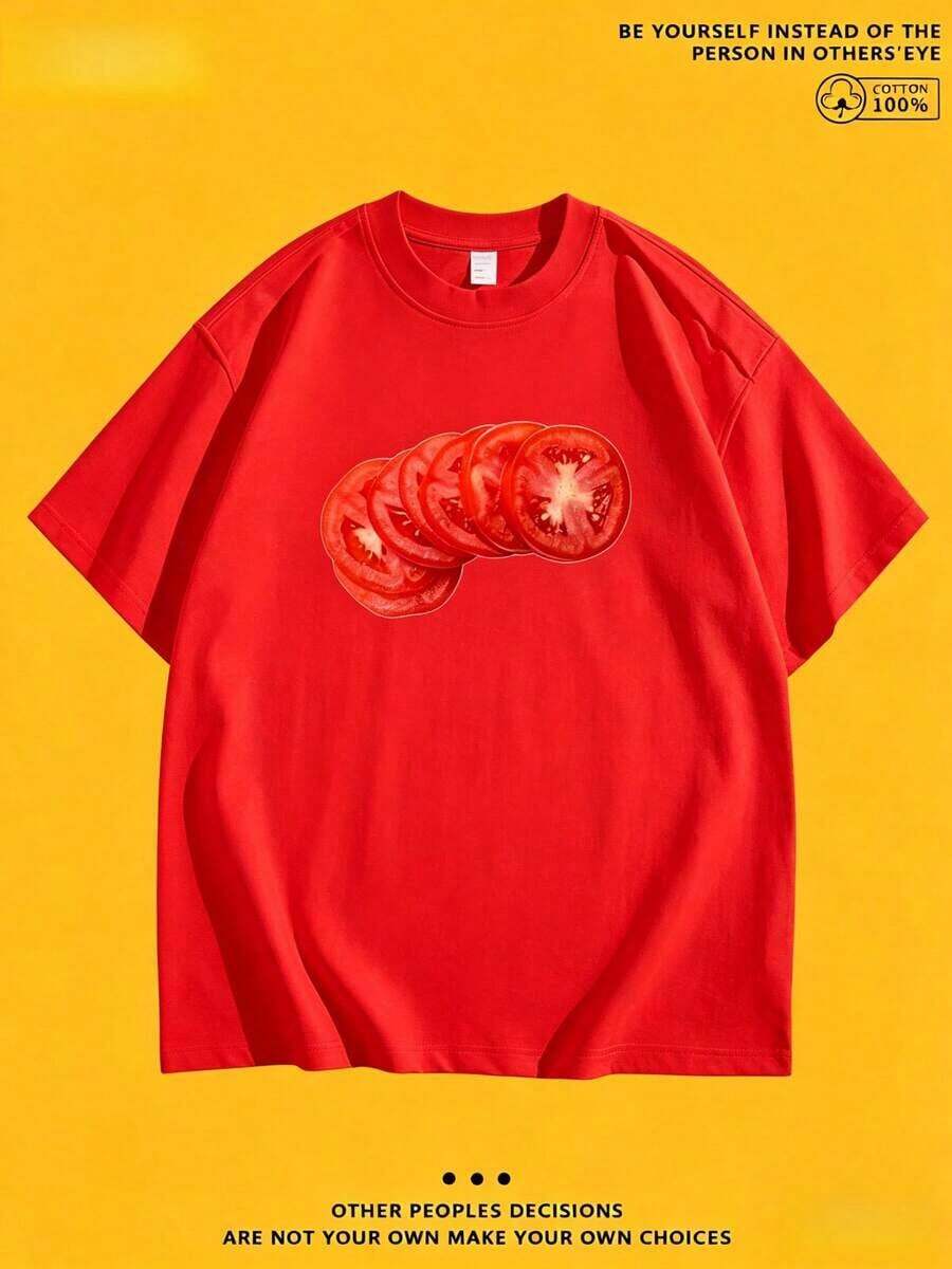 New Summer 2026 Collection, Unisex Styles, Crew Neck T-Shirt With Creative And Fun Cartoon Print, Pure Cotton Short Sleeve, Casual Style For Everyday Wear, Sizes: S–7XL | 24-Hour Shipping | Summer Clothing - 紅色的 - 查看 1