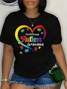 Camiseta casual para mujer, una blusa de manga corta para actividades cotidianas, con el estampado "Abuela Orgullosa de Autismo, Rompecabezas de Corazón Arcoíris", adecuada para usar en vacaciones. - Negro - Ver 7