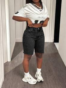 Plus Size Distressed Frayed Hem High Waist Washed Denim Shorts, Stretchy Fabric, Casual Summer Chic Retro All-Match Style - Dark Gray - View 10