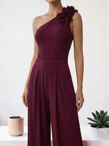Women's Elegant One-Shoulder Palazzo Jumpsuit Dress, Long Jumpsuit, Formal Outfit For Party, Wedding, Graduation - 中紫紅色 - 查看 3