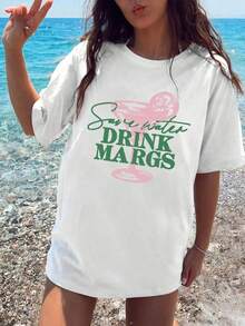 Vintage Short-Sleeved Crew Neck T-Shirt, New Summer 2026 Style, White, Casual, With Cocktail Glass And Letter Print, Fun, Regular Fit For Women. | Breathable Fabric Graphic T-Shirt - 白色 - 查看 1