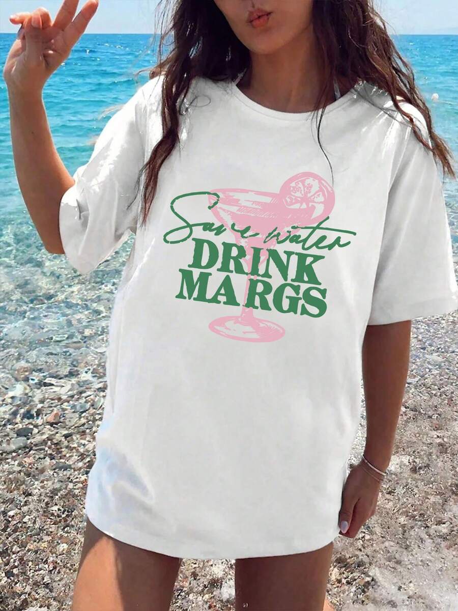 Vintage Short-Sleeved Crew Neck T-Shirt, New Summer 2026 Style, White, Casual, With Cocktail Glass And Letter Print, Fun, Regular Fit For Women. | Breathable Fabric Graphic T-Shirt - 白色 - 查看 1