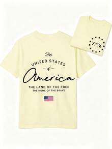 Women's Double-Sided "The United States Of America" Print Oversized 180G Casual Summer Tops, Graphic Tees, Patriotic Crewneck T-Shirt For 4th Of July - 淡黃色 - 查看 2