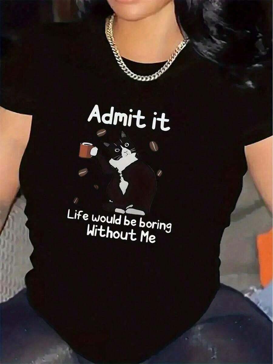 Women's Loose-Fitting Cotton T-Shirt With A Fun Cat Print | The Perfect Choice For Casual Wear In The Living Room Or A Cafe, Made Of A Lightweight Material, An Ideal Gift For Coffee Lovers, Comfortable Fit Suitable For Everyday Wear, Unisex Fashion Design, Crew Neck, Medium Elasticity - Casual Short-Sleeve T-Shirt With A Simple Solid Color Pattern Print For Summer, Women's Graphic Tees, 100% Cotton. - 黑色 - 查看 1