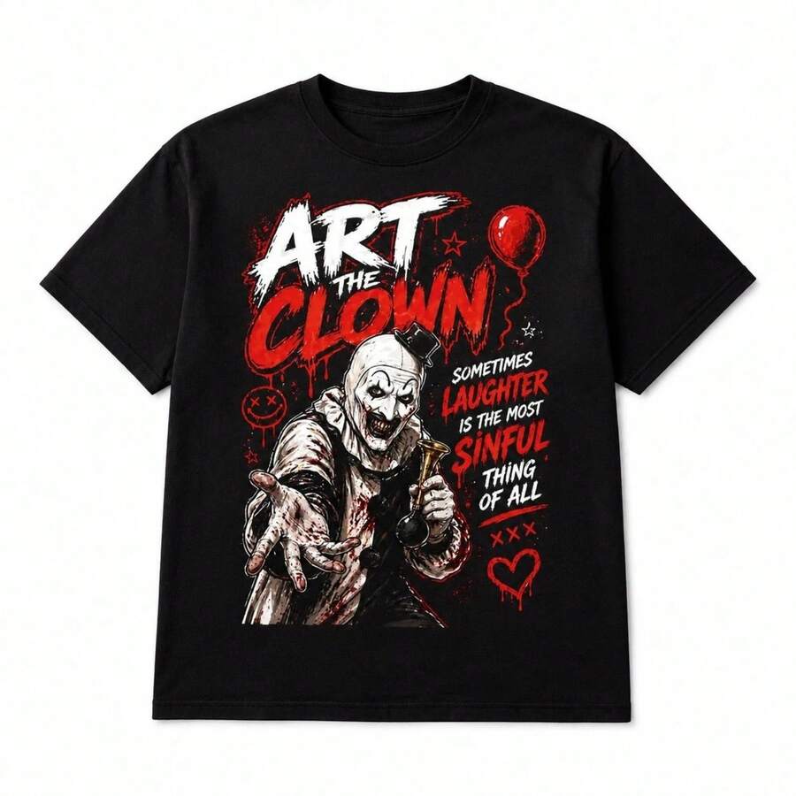Camiseta estampada, algodón puro, cuello redondo, camisa de moda neutral, creativa, blusa casual de verano para hombres y mujeres, camiseta suave y cómoda, - Negro - Ver 1