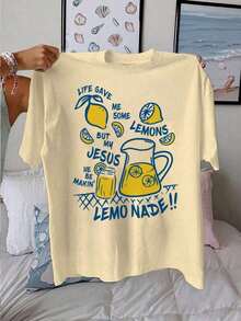 Women's Summer Casual T-Shirt; Lemonade Design Print; Printing Technology/Women's Casual T-Shirt/ Short Sleeve T-Shirt With Jesus And Christianity Print: Life Gives Me Some Lemons, But My Jesus Makes Me Feel Comfortable. - 杏色 - 查看 2