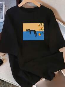 Vintage 100% Cotton T-Shirts, Pure Cotton T-Shirts For Women, Short Sleeve, Unique Printed Design, Summer Style 2026, Loose Fit, Half Sleeve, Slimming Tops For Students, 100% Cotton Short Sleeve T-Shirts For Women. - 黑色 - 查看 1