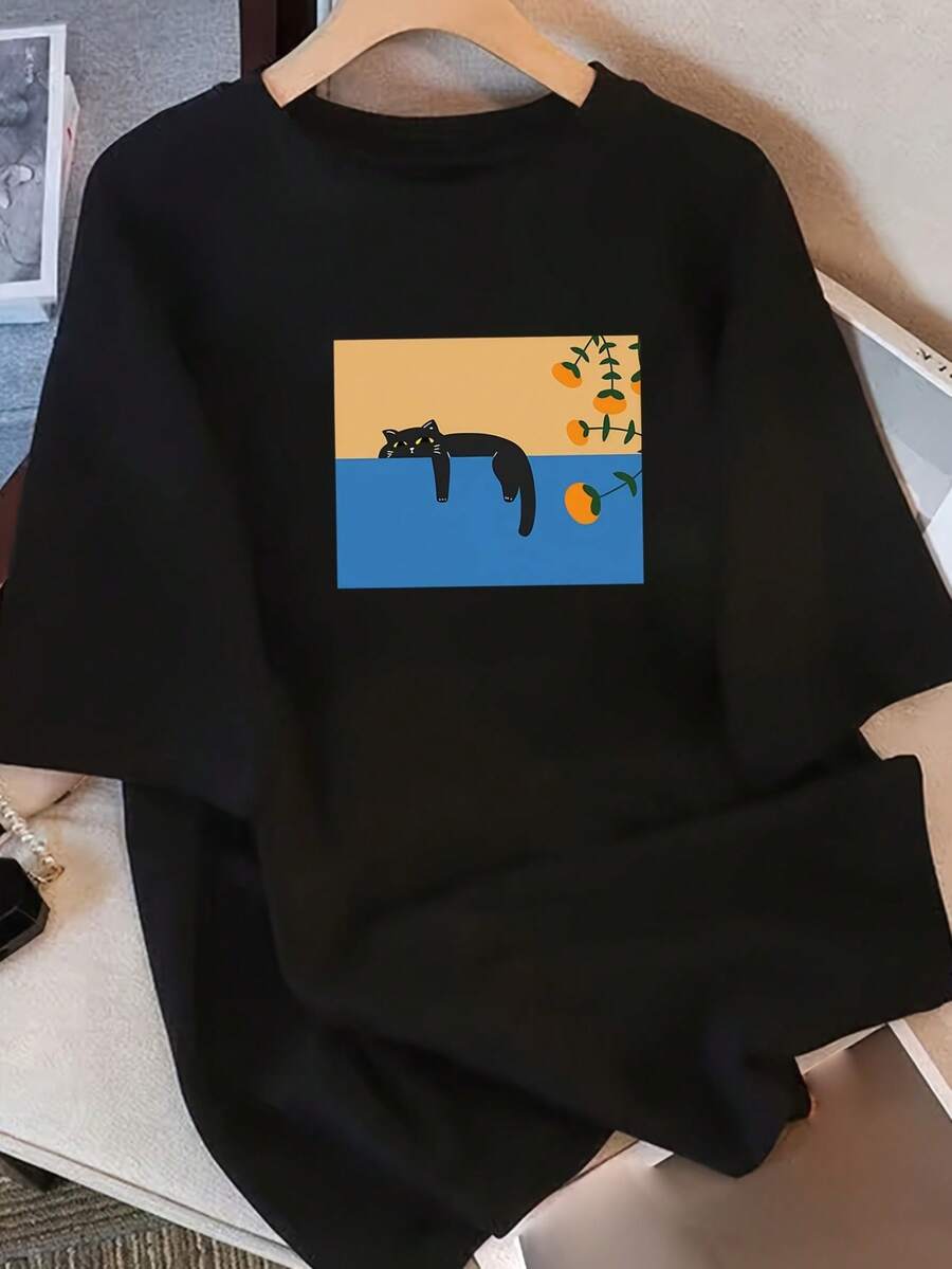 Vintage 100% Cotton T-Shirts, Pure Cotton T-Shirts For Women, Short Sleeve, Unique Printed Design, Summer Style 2026, Loose Fit, Half Sleeve, Slimming Tops For Students, 100% Cotton Short Sleeve T-Shirts For Women. - 黑色 - 查看 1