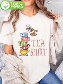 Pila de Tazas Altas, Bonitas y Divertidas, Camiseta Estampada, Top Casual de Manga Corta con Cuello Redondo, Verano y Primavera, Ropa de Mujer, Halloween, Regalos de Navidad, 100% Algodón, Éxito de - Blanco - Ver 7