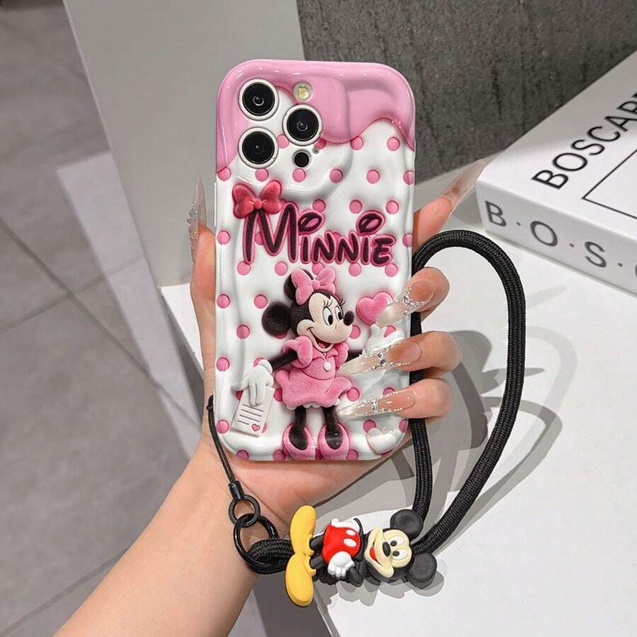 This Disney Mickey Mouse Lanyard Phone Case Is Fully Covered In TPU Material. It's Shockproof, Lightweight, And Compatible With IPhone17/16/11/13/15/15 Plus/15 Pro/15 Pro Max/12/14 Pro Max/11 Pro Max/12 Pro/12 Pro Max/13. This Phone Case Makes A Popular Birthday Gift Or Business Gift; It's Durable, Stain- And Fingerprint Resistant, And Suitable For Both Men And Women. The Set Also Includes A Mickey Mouse Phone Case And A Mickey Mouse Plush Bracelet. It's A Perfect Gift For Friends And Family. This Stylish Phone Case Is Fun, Lightweight, And Durable. IPhone17 Pro Max Phone Case, Minnie Mouse Phone Case. - trắng - Xem 1