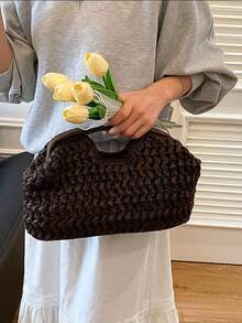 Dedoo 2026新款天然纖維手拿包，手工編織拉菲草夏季海灘包，草編包，波希米亞風 - 咖啡 - 查看 7