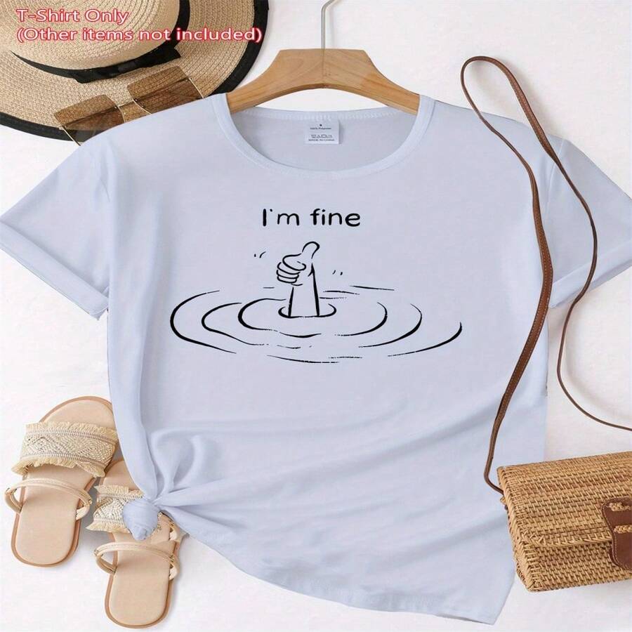 Women's Cotton Short Sleeve Round Neck T-Shirt With 'I'm Fine' Graphic, Casual Summer Top, High Stretch Fabric - 白色 - 查看 1