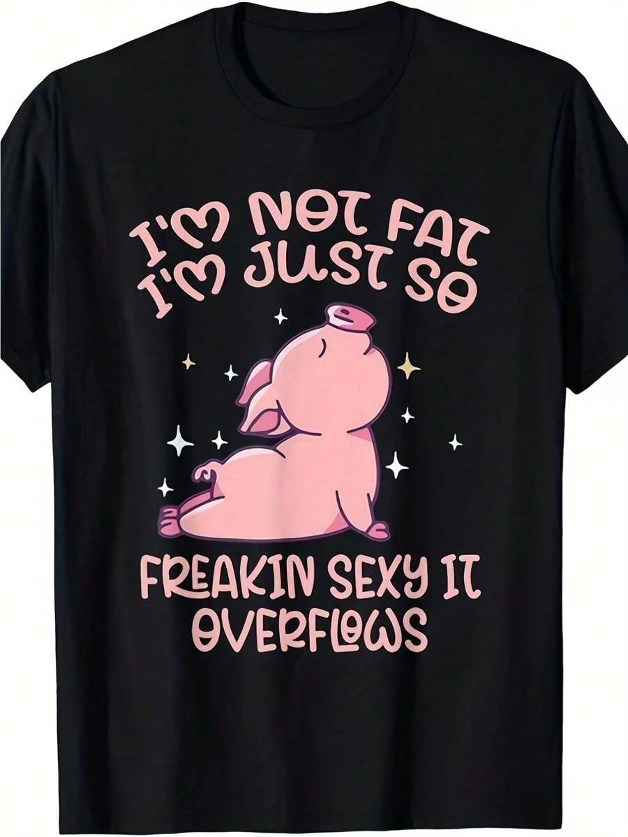 Funny Pig Print T-Shirt With The Slogan "It's Not Just Me, I'm Super Sexy" - Unisex Vintage Loose Fit T-Shirt, Suitable For Parties And Everyday Wear, Humorous Plus Size Clothing, Machine Washable Casual T-Shirt For Men And Women With Pig Print And Slogan, PLUS SIZES - 黑色 - 查看 1