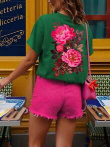 Women's Plus Size Short Sleeve T-Shirt With Round Neck, Loose Fit, Casual - 深綠色 2 - 查看 4
