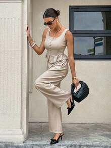 Conjunto de 2 piezas para mujer: top con chaleco con volantes y botones de unicolor y pantalones largos - Negro - Ver 3