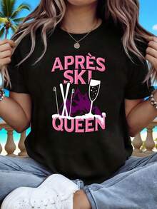 Women's "APRÈS SKI QUEEN" Pure Cotton T-Shirt, Featuring A Post-Ski Queen Theme, Decorated With Snowboard Motifs And Champagne Slogans, Casual Short Sleeves, In Pink And Purple, Sweet And Modern, An Exquisite Garment For Ski Lovers' Holidays. Plain White T-Shirt. - 黑色 - 查看 6