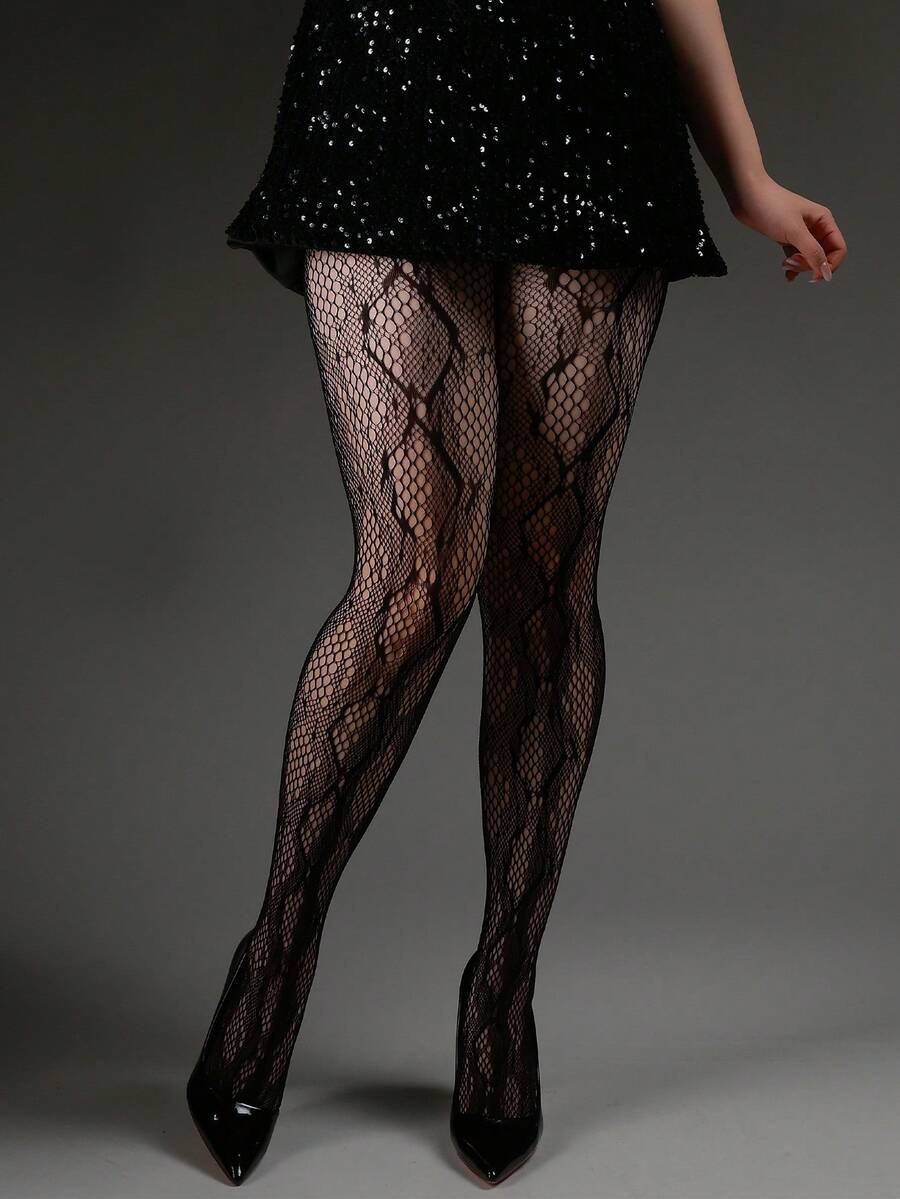 1 Pair Women's Vintage Python Print Jacquard Fishnet Tights, Hollow Out Design Breathable Sexy Black Mesh Stockings For Halloween, Christmas, Party, Photoshoot - Black - View 1
