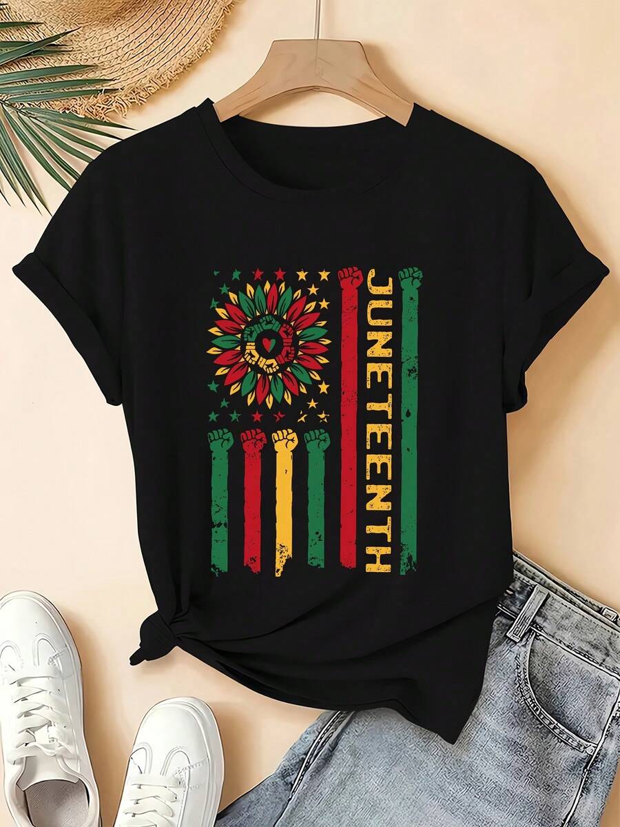 Women's Short-Sleeved T-Shirt, Vibrant And Comforting Style, With Fun Sunflower Cuff Print From JUNETEENTH, Comfortable And Breathable Fabric, Casual Round Neck T-Shirt For Summer, Fun Design For Everyday Wear, Suitable For Dates With Friends And June Events, Available In Sizes S-XXL. - 黑色 - 查看 1