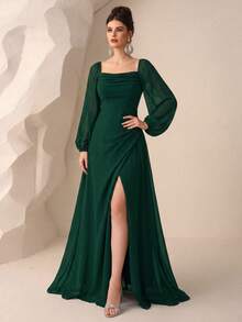 Langärmliges Chiffonkleid mit Rüschen, Schlitz, rückenfreiem Design und Gürtel, geeignet als Brautjungfernkleid, Hochzeitskleid, Geburtstagskleid, Abschlussballkleid, Abendkleid - Dunkelgrün - Übersicht 2