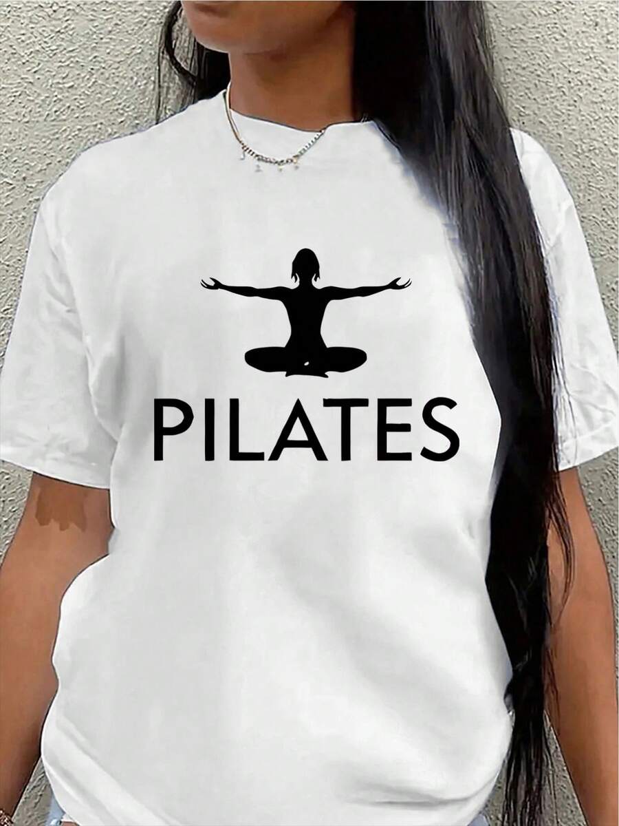 Women's Pilates T-Shirt, Printed With Yoga Motifs, Made Of Polyester With Short Sleeves, Lightweight And Durable, Suitable For The Gym, Studio, Or Home Workouts. Casual Blouse For Women - 白色 - 查看 1