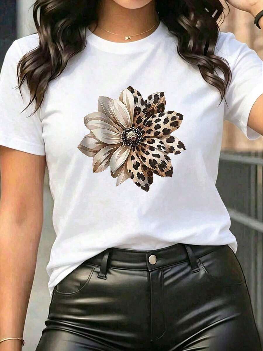 1 Pieza de Camiseta Casual de Moda para Hombres y Mujeres con Estampado de Leopardo - Estilo Elegante, Talla Grande, Negra, Versátil, fácil de combinar, adecuada para uso diario, estilo urbano, ropa de vacaciones, ropa de fin de semana. - Blanco - Ver 1