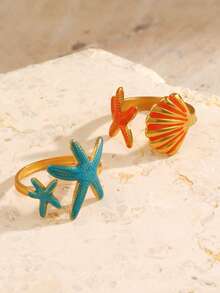 2pcs/Set Stainless Steel Enamel Starfish & Shell Ring Set, Suitable For Women's Summer Beach Vacation Wear - Multicolor - View 5