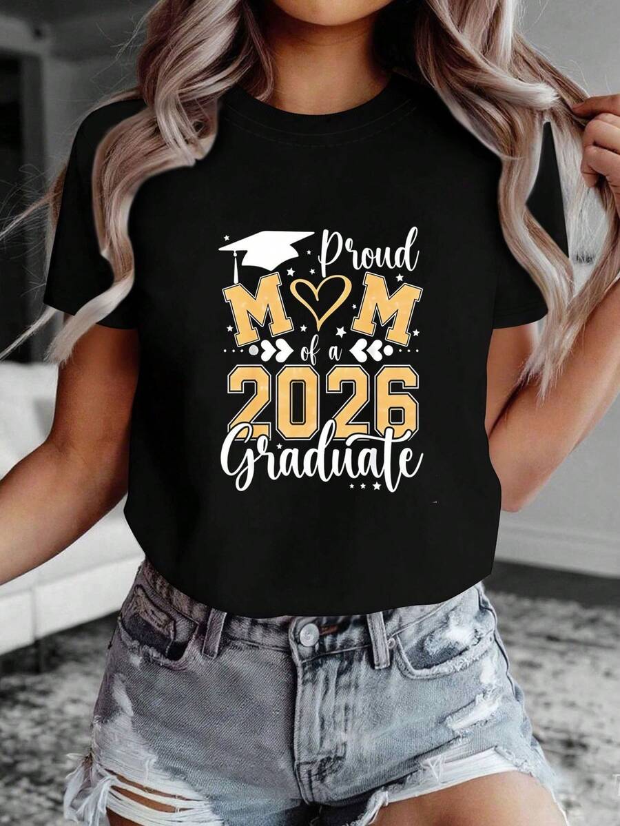 [Summer] Women's T-Shirt With Letter Print "Proud Mom Of A 2026 Graduate", Short Sleeve, Round Neck, Casual Spring Top, Women's Clothing - 黑色 - 查看 1