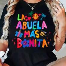 Camiseta de Mujer con Letras Coloridas "LA ABUELA", Estampado Multicolor con Sol, Mariposa y Detalles Divertidos, Diseño Vibrante, Camiseta Casual de Moda Veraniega. - Negro - Ver 2